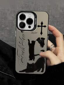 1pc Dark Personalized Cat Cross Slogan Graphic Black & Silver Phone Case, Compatible With IPhone 16/16Pro/16Plus/16ProMax, 11/11Pro/11ProMax, 12/12Pro/12ProMax, 13/13Pro/13ProMax, 14/14Plus/14Pro/14ProMax, 15/15Pro/15Plus/15ProMax - Multicolor - View 1
