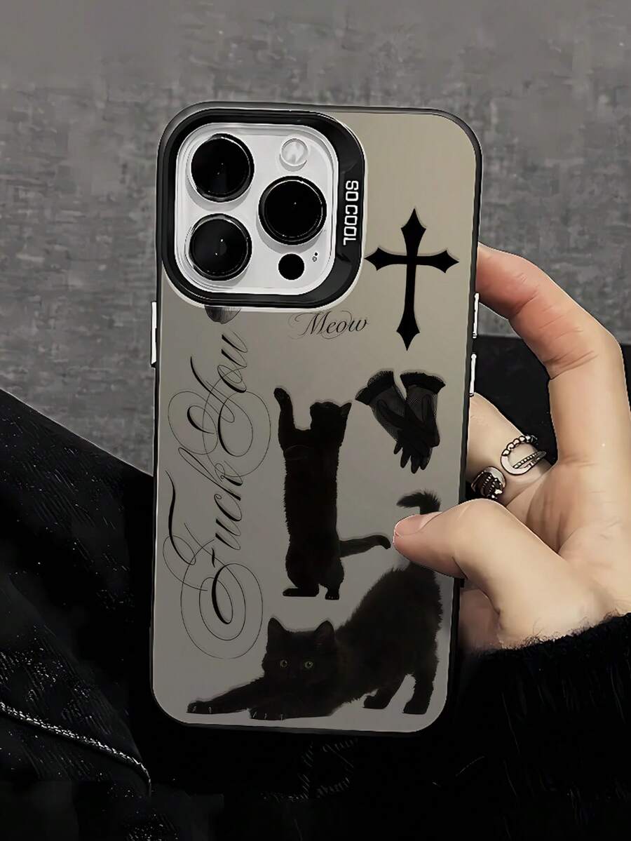 1pc Dark Personalized Cat Cross Slogan Graphic Black & Silver Phone Case, Compatible With IPhone 16/16Pro/16Plus/16ProMax, 11/11Pro/11ProMax, 12/12Pro/12ProMax, 13/13Pro/13ProMax, 14/14Plus/14Pro/14ProMax, 15/15Pro/15Plus/15ProMax - Multicolor - View 1