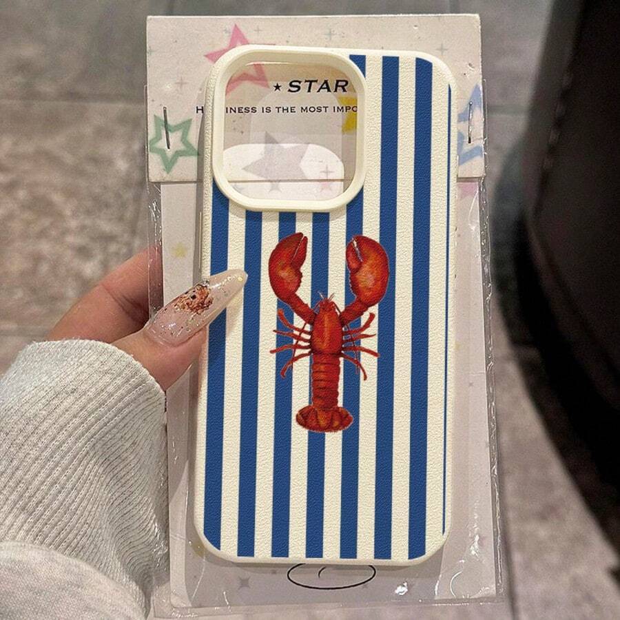 1pc TPU Vintage Blue & White Striped Lobster Pattern Phone Case, Compatible With IPhone 17 Pro Max/17/16 Pro Max/15/13/12/11, S20 FE/A15/S24/A55, Note 11/12/13 Pro, Full-Body Shockproof Soft Protective Cover,International Version, Not The Domestic Version - White - View 1