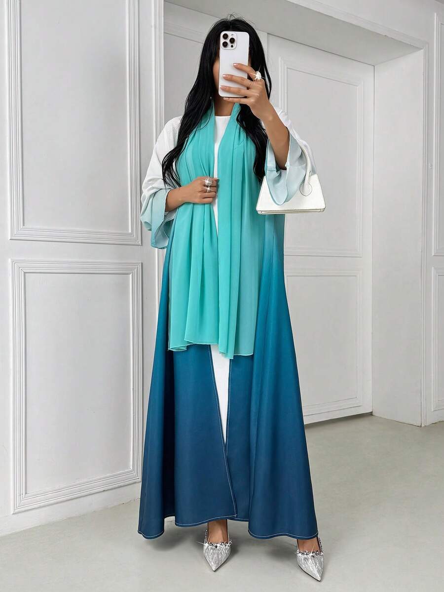 Abaya de manga larga elegante con degradado y chal de gasa, cárdigan de playa, invitada de boda, vacaciones de verano, primavera - Multicolor - Ver 1