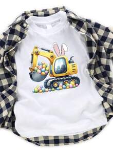 Boys' Easter Bunny Print T-Shirt, Cotton 100% Crew Neck Cute Top, Easter Outfit, Girls Summer Outfit, Toddler Boy Clothes, Boys Easter Shirt, Construction Bunny Boys Tee Shirt, Dozer Loader Easter Bunny Toddler Youth Tee Shirt, Boys Easter Bunny Shirt Kids Clothes Boys, Baby Tees For Women, Regular Fit For Children, Spring/Summer Collection, Soft And Breathable Cotton, Comfortable Fit Short Sleeve T-Shirt, Perfect For Concerts And Festivals, Casual Wear, Perfect Gift For Kids, Party Favors For Kids - 白色 - 查看 8