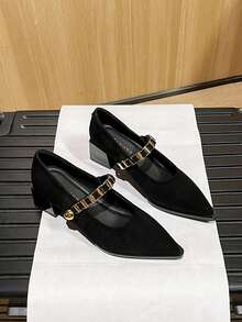 2026春季新款女鞋，复古玛丽珍粗跟尖头浅口鞋，金属搭扣设计，通勤及日常穿着，棕色、米色、黑色 - 黑色 - 查看 5