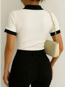 Women's Two-Tone Polo Shirt, Short Sleeves, Casual Cotton. - 白色米白色黑色領子 - 查看 3