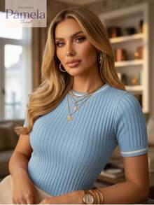 Women's Modal Knit Blouse With Striped Detail, Round Neck, Short Sleeves, Summer Fashion Knit Top - Rosa - Xem 8