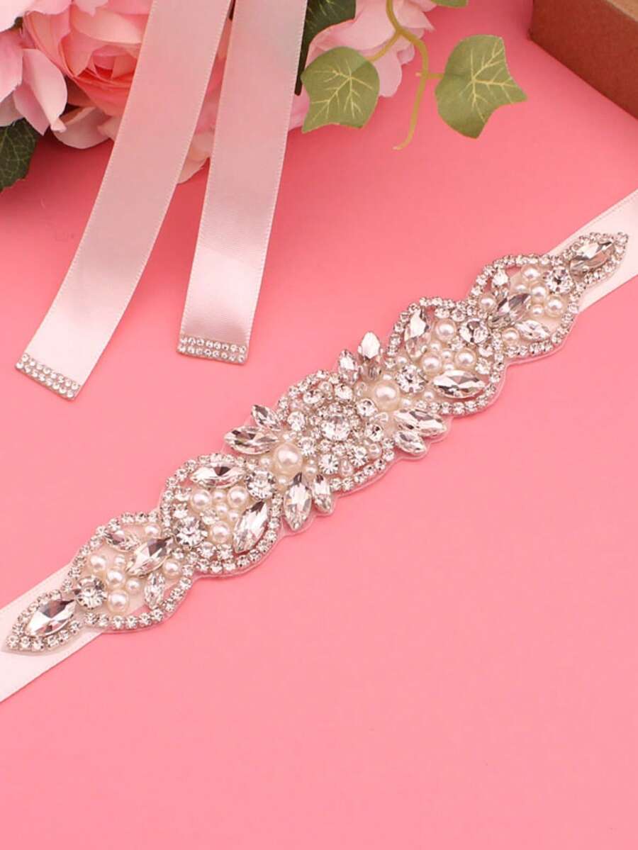 1pc Geometric Pattern Vintage Glass Bridal Waist Belt, Wedding Dress Rhinestone Waist Sash, Formal Gown Accessory - White - View 1