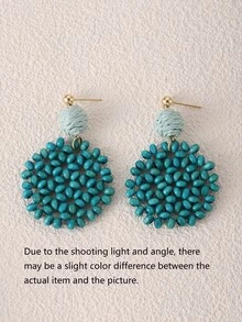1 Pair Handmade Colorful Wooden Bead Woven Hoop Earrings With Turquoise Beads, Exotic Style, Suitable For Vacation, Party And Gift, Due To Lighting And Angle, There May Be Slight Color Difference Between Actual Product And Image - Turquoise - View 3