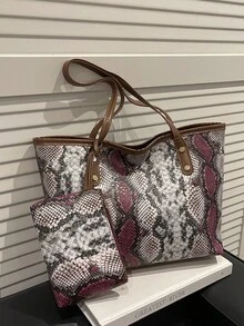 时尚简约大容量手提包，新款时尚蛇纹质感手提包，带小肩包 - 紫色 - 查看 7