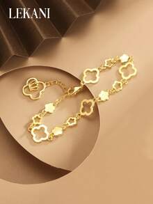 1 件 S925 纯银花朵和三叶草空心链手链，简约时尚，适合日常佩戴，送给母亲、女友的优雅礼物 - 金色 - 查看 3