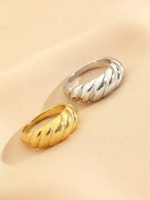 2pcs Stainless Steel Stylish Simple Golden Silver Croissant Shape Casting Ring Set, Suitable For Women's Daily Dress Or Gift Giving - Multicolor - View 2