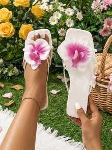 planare Dép xăng đan đế bằng màu hồng cánh sen họa tiết hoa 3D mới, dép bệt trắng kiểu dáng slip-on, thích hợp cho bãi biển, kỳ nghỉ, đám cưới, giày thời trang mùa hè cho nữ. - Hoa màu trắng và hồng đỏ - Xem 9