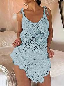 Women Summer Holiday Crochet Dress Swimsuit Coverups Low Cut Hollow Out Irregular Hem Beach Boho Mini Dress - Baby Blue - View 2