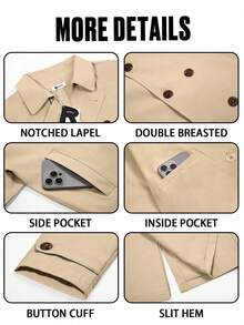 Runcati Men's Trench Coat Double Breasted Notched Lapel Casual Belted Windbreaker Fall Classic Long Jacket Overcoat - Màu kaki nhạt - Xem 6