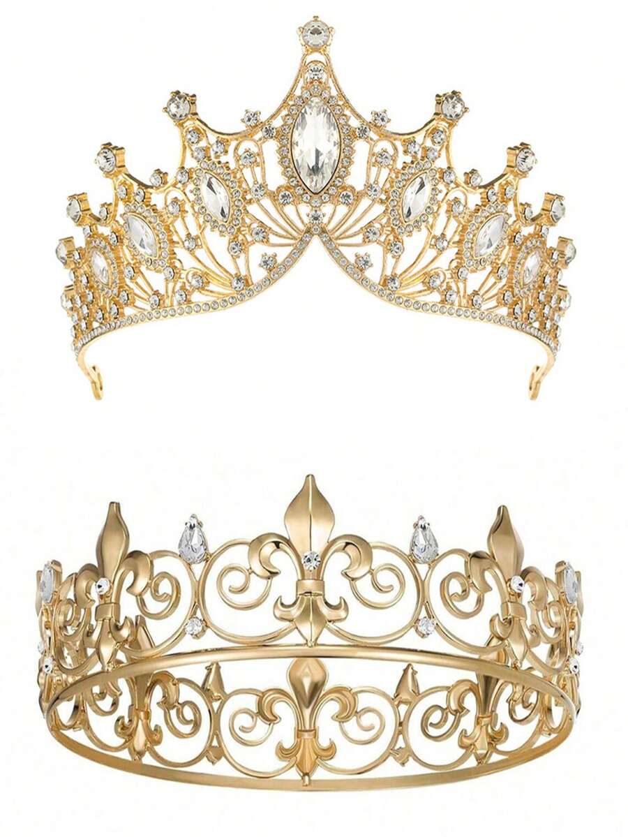 2pcs King And Queen Crown Set, Unisex, Suitable For Wedding, Graduation, Birthday, Valentine's Day Party And Other Occasions - Gold - View 1