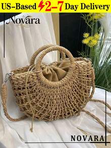 1pc Half-Moon Hollow Out Handbag, Fashionable Beach Vacation Straw Woven Bag,Vacation Bag For Summer, Perfect For Beach Vacation, Travel, Shopping, And Vacation Essentials, Eye-Catching Beach Bag Summer, Summer Straw Beach Bag For Women, Hottest Beach Bags For Women, Fashion Summer Vacation Bag, Beach Essentials Women Bags For Vacation & Holiday, Newest Holiday Bag ,Vacation Essentials , Beach Bag - Khaki - View 12