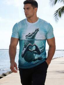 Men's Crocodile Graphic Short Sleeve T-Shirt, 3D Print Round Neck, Exaggerated Designer Party & Holiday Summer Wear - White - View 2