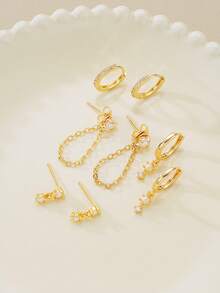 Bộ 8 bông tai dây chuyền ngọc trai giả và đá Cubic Zirconia thanh lịch, trang sức tối giản thời trang dành cho nữ, thích hợp cho hẹn hò, du lịch, mặc hàng ngày, dự tiệc, kỷ niệm, quà tặng ngày lễ. - Vàng - Xem 3