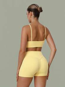 2 PCS CO Ord Set Women's Classic Spaghetti Strap Backless Sports Bra And High Waist Deep V Butt Lift Line Running Fitness Cycling Short - Yellow - View 7
