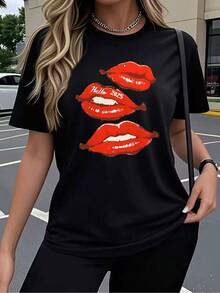 Camiseta de manga corta para mujer estilo casual de alta calidad hecha de algodon suave y transpirable diseño de labios rojos divertido y fashion para uso diario o fiestas camiseta básica de cuell - Negro - Ver 2