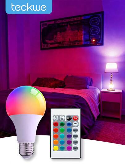 Teckwe Bombilla LED regulable, bombilla LED RGB de cambio de color, 16 opciones de color y 4 modos de iluminación, bombilla LED portátil con control remoto para decoración del hogar, dormitorio, escenario, decoración de fiestas, Día de San Valentín