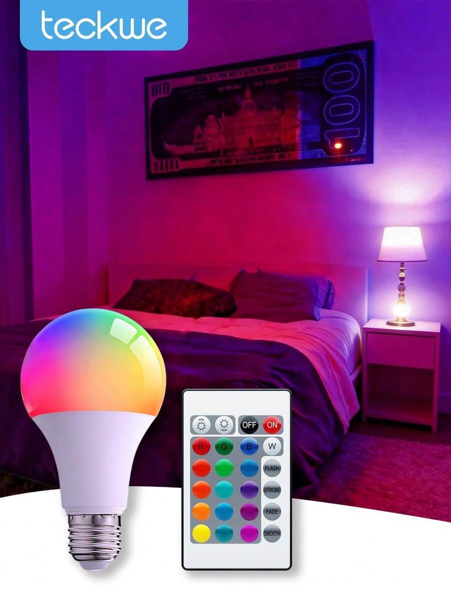 Teckwe Bóng đèn LED có thể điều chỉnh độ sáng, bóng đèn đổi màu RGB, 16 lựa chọn màu sắc và 4 chế độ chiếu sáng, bóng đèn LED di động kèm điều khiển từ xa, thích hợp trang trí nhà cửa, phòng ngủ, sân khấu, tiệc tùng, ngày Valentine. - trắng - Xem 1