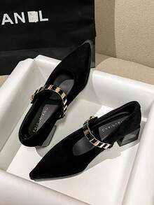 2026春季新款女鞋，复古玛丽珍粗跟尖头浅口鞋，金属搭扣设计，通勤及日常穿着，棕色、米色、黑色 - 黑色 - 查看 3