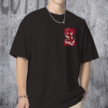 Camiseta americana de algodón de manga corta estilo Y2K con estampado gráfico rojo a doble cara.Estilo retro deportivo para parejas, ideal para el verano. - Negro - Ver 2