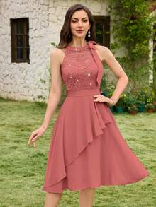 MIUSOL Gaun Pesta Halter Berhiaskan Payet, Renda, dan Patchwork Bunga, Cocok untuk Ulang Tahun, Tamu Pernikahan, Gala Malam, dan Acara Lainnya, Elegan di Musim Panas. - Dusty Pink - View 4