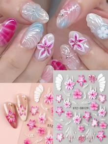 2片5D粉色和红色芙蓉花瓣春季美甲贴纸，3D盛开樱花法式线条美甲贴花，DIY婚礼美甲装饰 - 彩色 - 查看 4