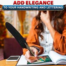 Feather Quill Pen And Ink Set – Black Feather Pen And Ink Set With Stainless Steel Nib & Stand For Calligraphy Beginners, Authors & Writers – Unique Gift & Vintage Decor For Home & Office - 黑色的 - 查看 6