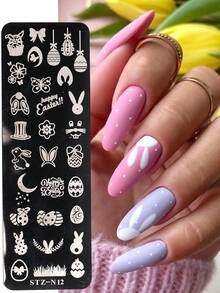2pcs Cute Festive Easter Nail Stamping Plates Easter Rabbit Egg Cartoon Cat Image Painting Templates Gel Polish Stencil Tools Steel Nail Molds - Silver - View 3