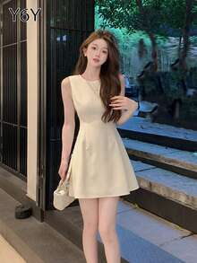[Y6Y] Apricot Soft Breeze Sleeveless Dress | Women's Fashionable And Sweet Summer Short Dress - White - View 7