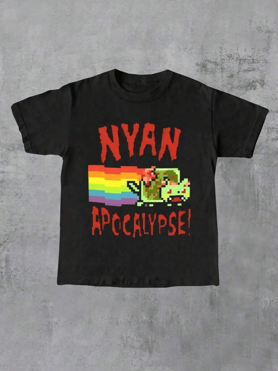 Nyan Apocalypse Pixel Art T-Shirt For Women.Unique Graphic T-Shirt With A Rainbow Trail Design.Elegant And Casual For Everyday Use.Made Of Soft Cotton For Greater Comfort. - 黑色 - 查看 1