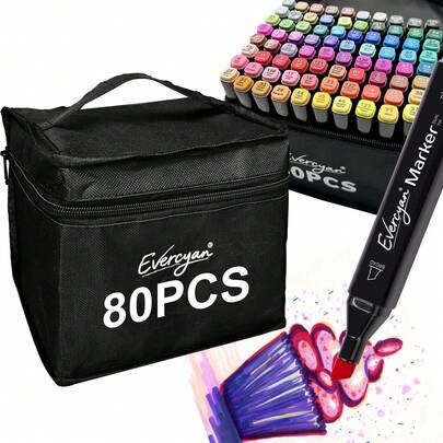 Evercyan 80 Colors Alcohol Markers Pens - Dual Tip Art Marker Set For Drawing Coloring Graffiti - Double Ended Fine & Broad For Anime Manga Adults With Organiser Grid