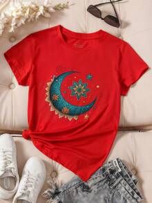 |     1 Playera para Mujer% Algodón Transpirable | Camisetas estampadas para mujer, camisetas navideñas para mujer, camiseta gráfica con diseño de estrella, mandala y luna, manga corta, - Blanco - Ver 3