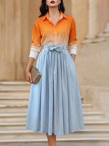 Vuslat Women's Fashionable Elegant Multipurpose New Belted Long Sleeve Shirt And Midi Dress 2-Piece Set, Suitable For Elegant Parties, Back To School, Graduation, Evening Dates, Birthday Gatherings - Multicolor - View 9