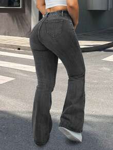 女士牛仔裤、大码牛仔裤、高腰牛仔裤、提臀牛仔裤、蓝色弹力牛仔裤、休闲简约风、修身牛仔裤、喇叭裤牛仔裤、春季、夏季 - 灰色 - 查看 7