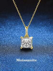 BLOVEMEE 1件奢华925纯银1克拉莫桑石方形吊坠项链，适合日常佩戴、通勤、派对、度假、生日、情人节、母亲节、结婚纪念日、圣诞节等场合，是女士珠宝礼物的理想之选。 - 金黃色 - 查看 5
