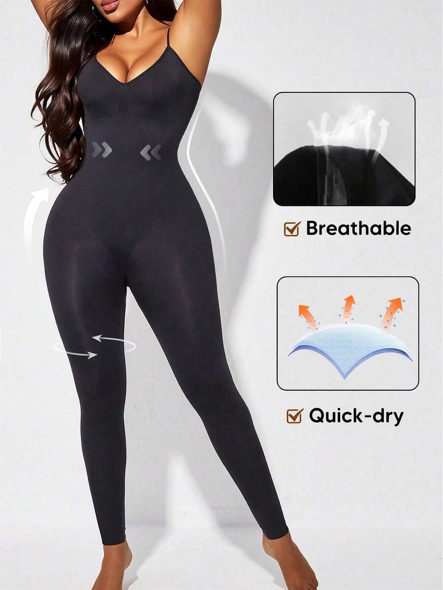 Mono de tirantes finos para mujer, leggings moldeadores de control de abdomen con espalda baja - Negro - Ver 1