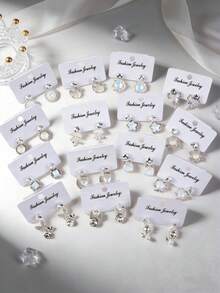 5对/套 精致时尚优雅水钻男女耳环 花朵蝴蝶月亮爱心几何形状 随机款式 浪漫约会情人节礼物 日常佩戴饰品 - 5對水鑽耳釘 - 查看 4