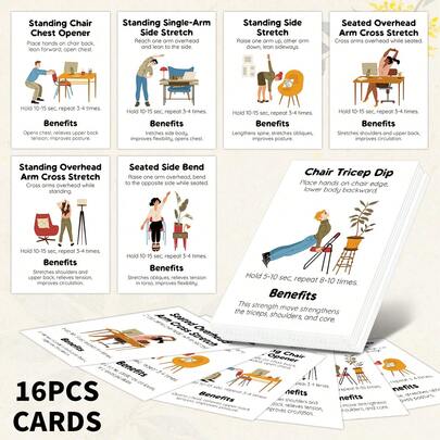 16pcs Office Stretch Exercise Cards, Illustrated Seated & Standing Stretches For Posture Correction, Flexibility & Stress Relief, Workplace Stretching Cards For Office Workers