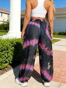 大码女式时尚扎染印花，撞色抽绳袜口，宽松休闲瑜伽春夏运动裤 - 紫色 - 查看 5