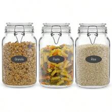 Airtight Glass Jars With Lids Set Of 3. 50oz Glass Jar With Lid And 6 Silicone Seals! Med Glass Food Storage Containers. Square Mason Jar, Flour Jar, Candy Or Cookie Jars For Kitchen Counter - 預設 - 查看 1