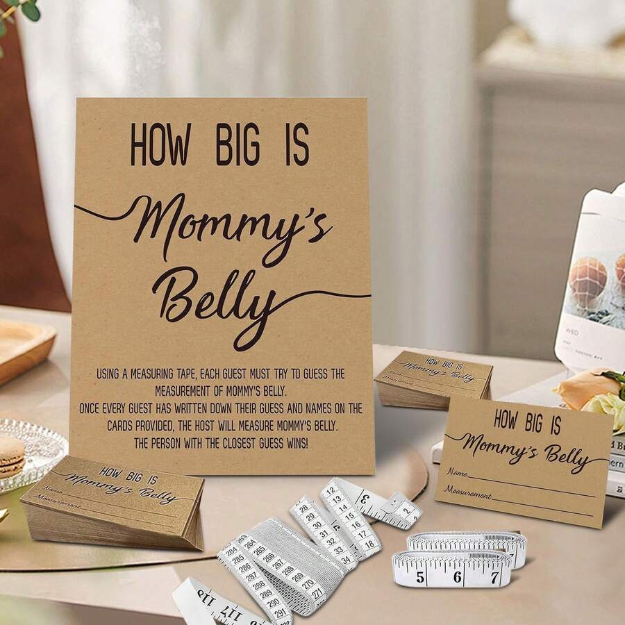 婴儿派对用品 婴儿派对游戏 婴儿派对装饰 “妈妈的肚子有多大？”乡村风婴儿派对男女通用游戏，包含8x10英寸牛皮纸立牌、50张猜谜卡和3卷10英尺卷尺。