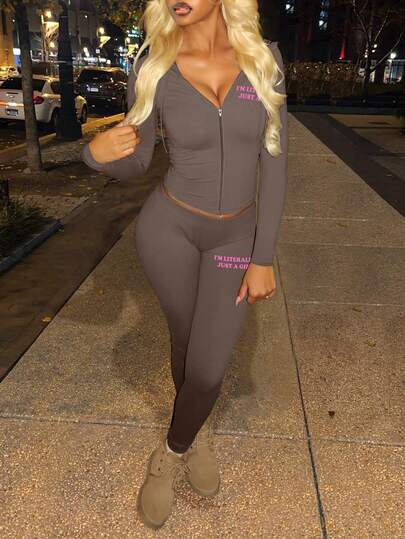 LovelyWholesale Women's Spring/Autumn Letter Print Zip-Up Jacket And Leggings Sports Suit With Hood