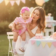 Baby Girl First Birthday Outfit 1st Birthday Cake Smocked Romper Jumpsuit One Year Clothes - 玫瑰紅 - 查看 2