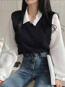 Blusa de dos piezas con cuello Polo para mujer, camisa casual estilo coreano, tops Y2K, ropa de calle suelta, suéteres femeninos elegantes, para primavera - Negro - Ver 1