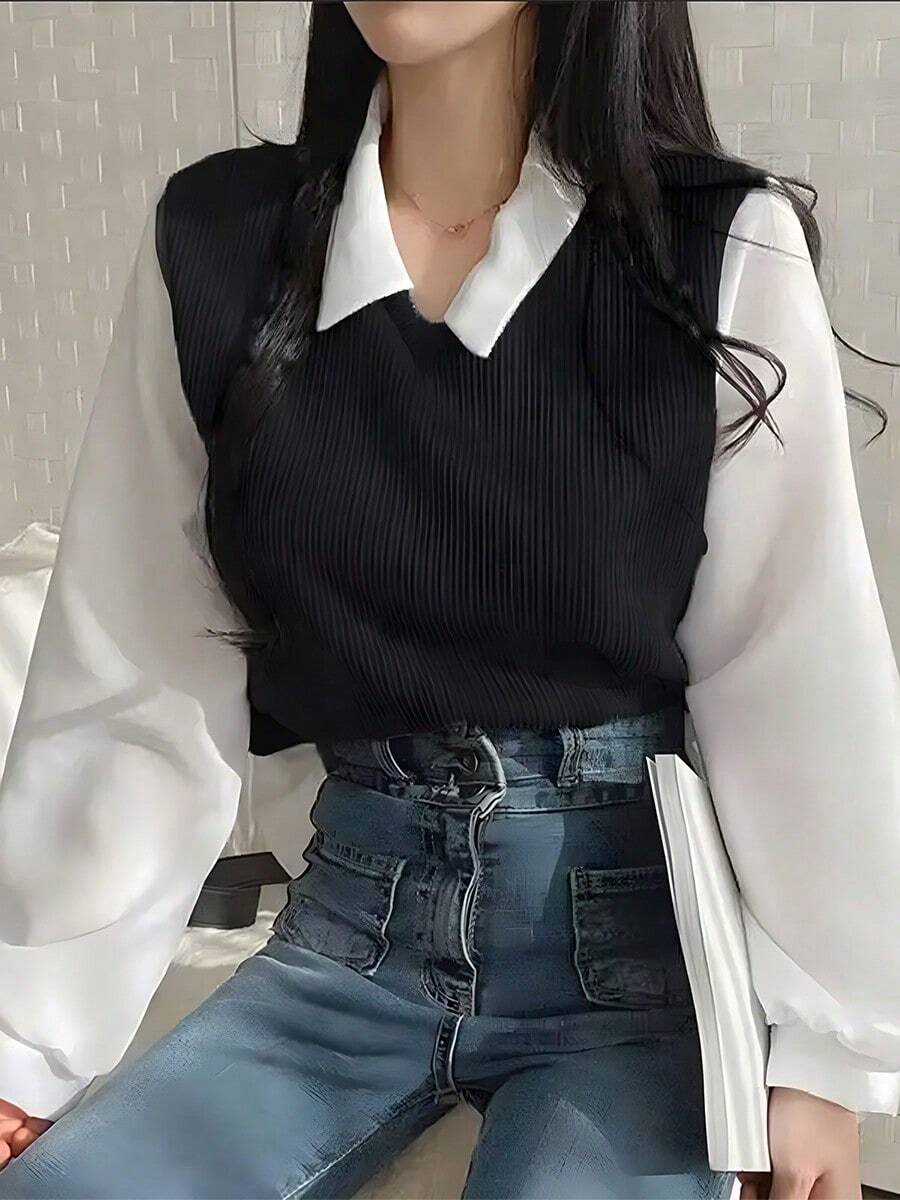 Blusa de dos piezas con cuello Polo para mujer, camisa casual estilo coreano, tops Y2K, ropa de calle suelta, suéteres femeninos elegantes, para primavera - Negro - Ver 1