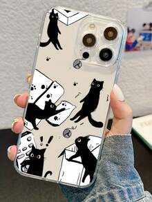 可爱调皮黑猫透明防摔镜头保护TPU手机壳，兼容苹果15 Pro Max - 無色 - 查看 2