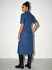 Women's High Waisted Denim Shirt Dress - Short Sleeve Button Front Midi Dress Soho Minimalist Aesthetic - 深色水洗藍 - 查看 2