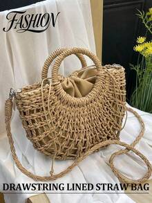 1pc Half-Moon Hollow Out Handbag, Fashionable Beach Vacation Straw Woven Bag,Vacation Bag For Summer, Perfect For Beach Vacation, Travel, Shopping, And Vacation Essentials, Eye-Catching Beach Bag Summer, Summer Straw Beach Bag For Women, Hottest Beach Bags For Women, Fashion Summer Vacation Bag, Beach Essentials Women Bags For Vacation & Holiday, Newest Holiday Bag ,Vacation Essentials , Beach Bag - Khaki - View 7